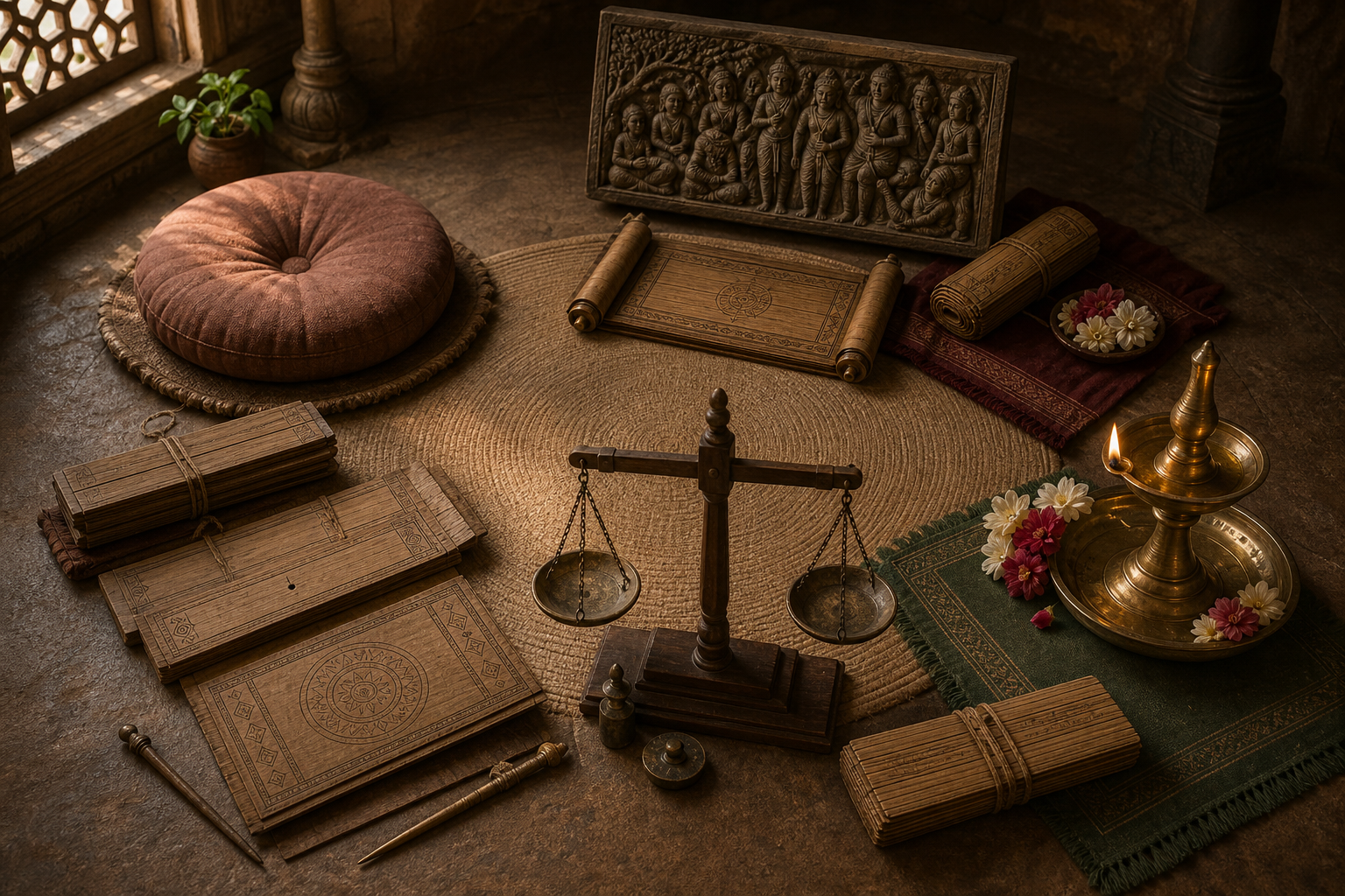 Palm-leaf manuscript bundles are arranged with a meditation cushion, carved narrative panel, wooden balance, oil lamp, and flowers to represent different spiritual purposes.