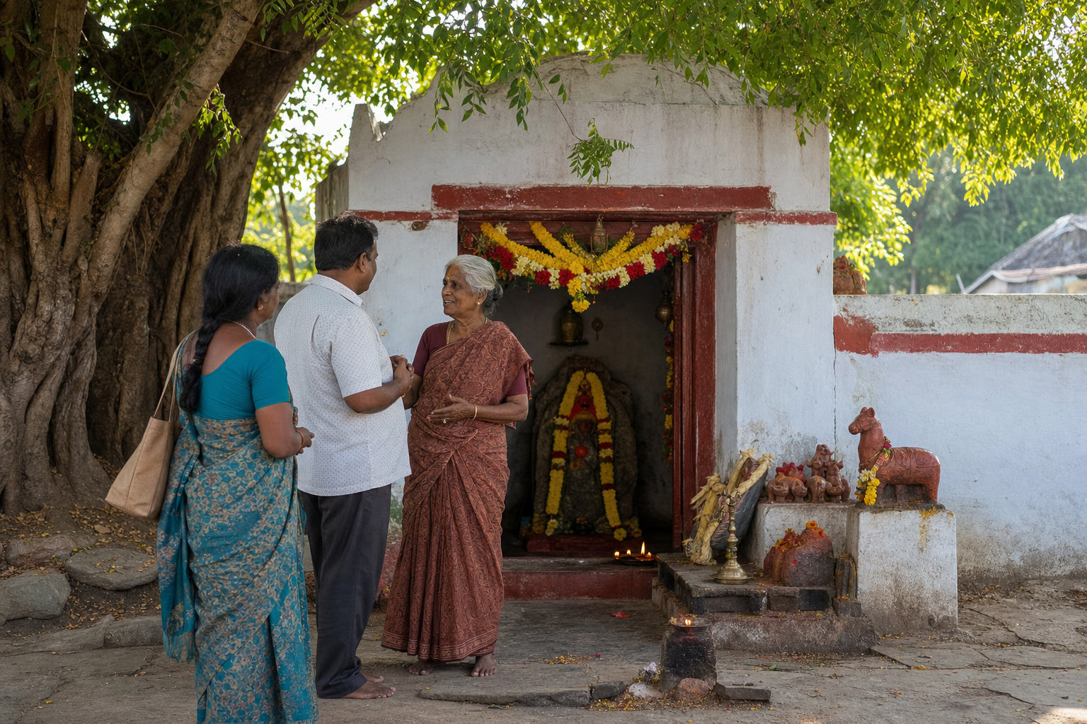 A small Tamil Nadu goddess shrine beneath a neem tree, with flower garlands, lamps, terracotta offerings, a caretaker, and two visitors at the entrance.