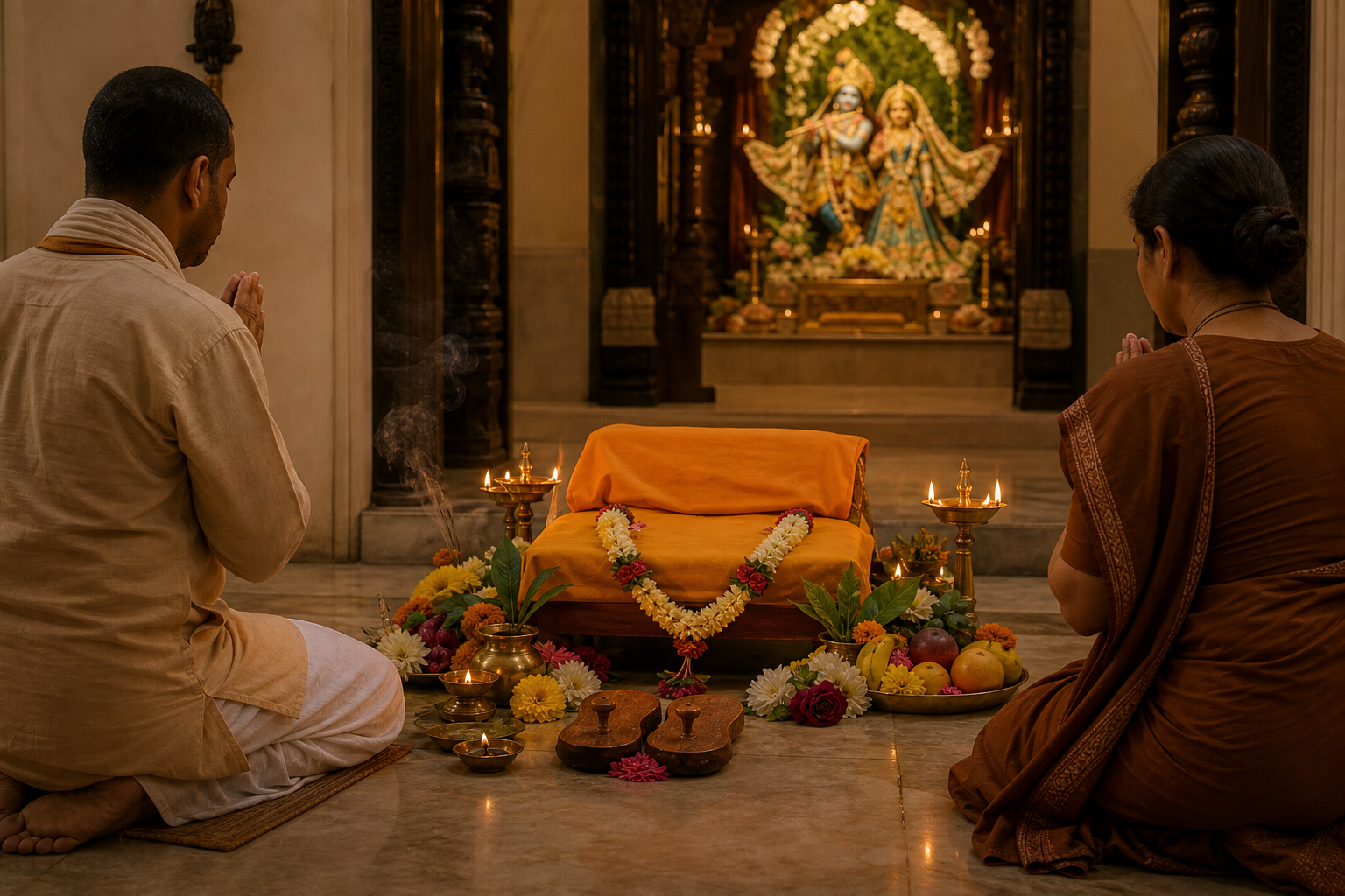 Two devotees offer flowers and lamps before an empty ceremonial seat and wooden padukas in a temple alcove.