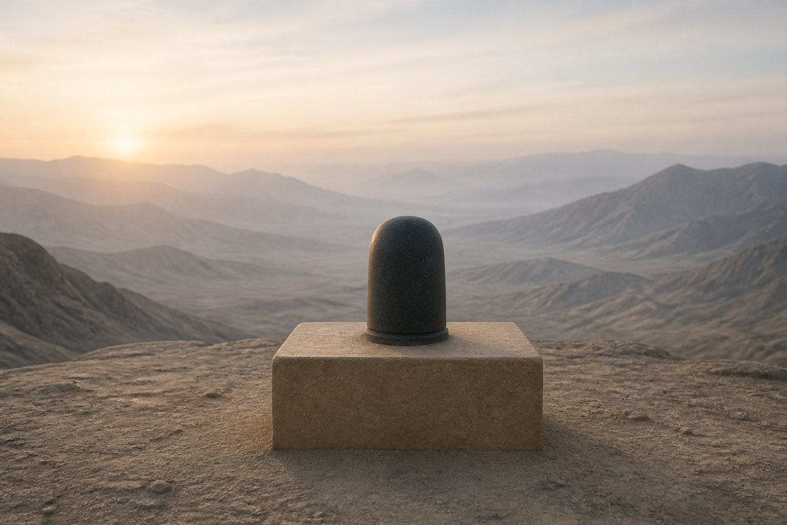 Symbolic illustration of a dark stone Shiva lingam on a plain plinth before an arid mountain landscape, without depicting a specific temple or location.
