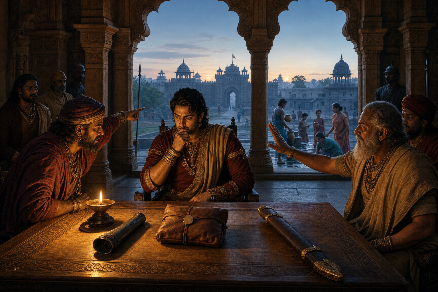 A ruler deliberates over a sealed message beside a sheathed sword while two counselors gesture toward the city gate and civilians outside the council chamber.