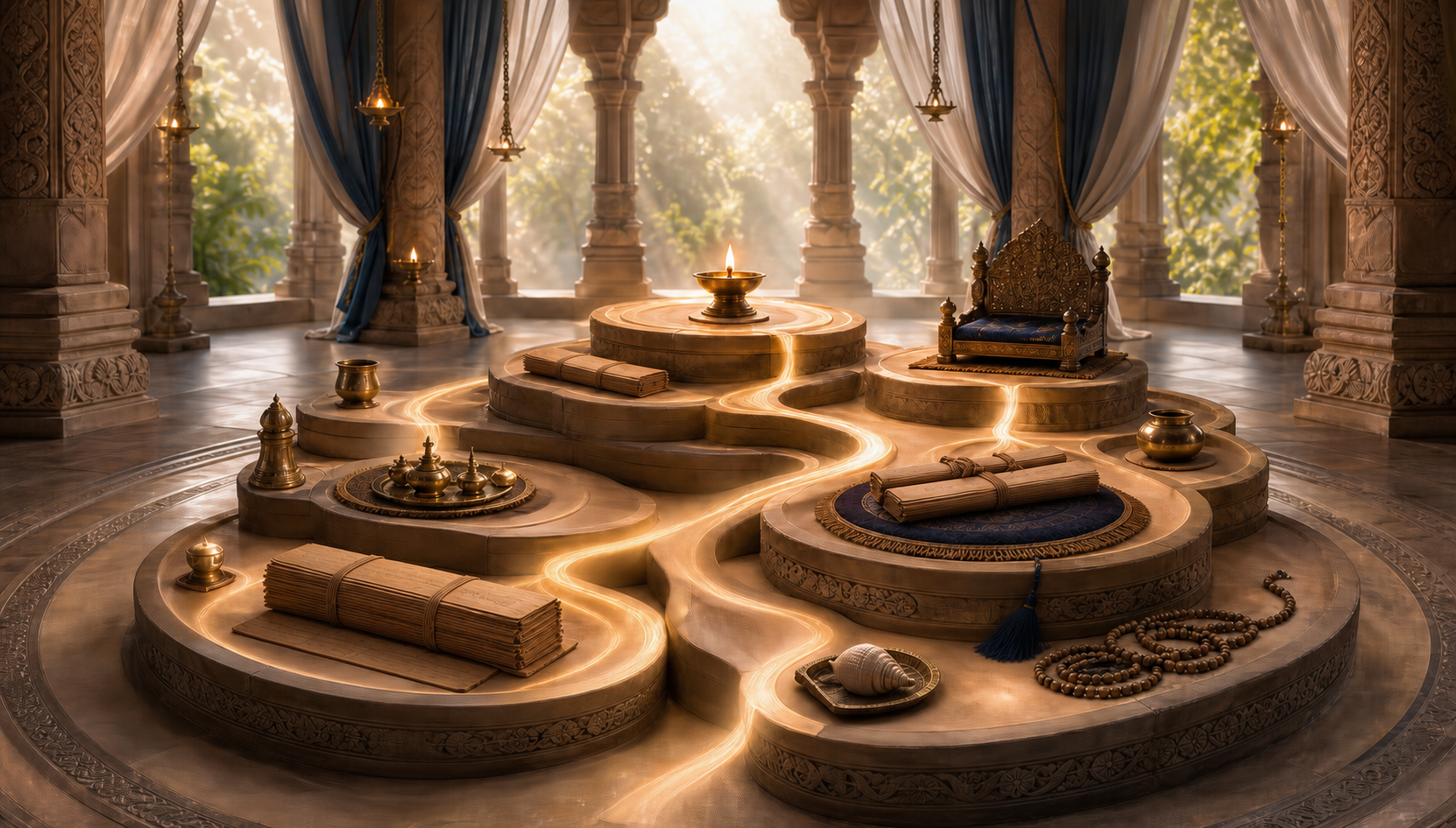Interlocking stone terraces in a temple hall hold manuscript bundles, ritual vessels, prayer beads, an empty teacher's seat, and a central lamp.