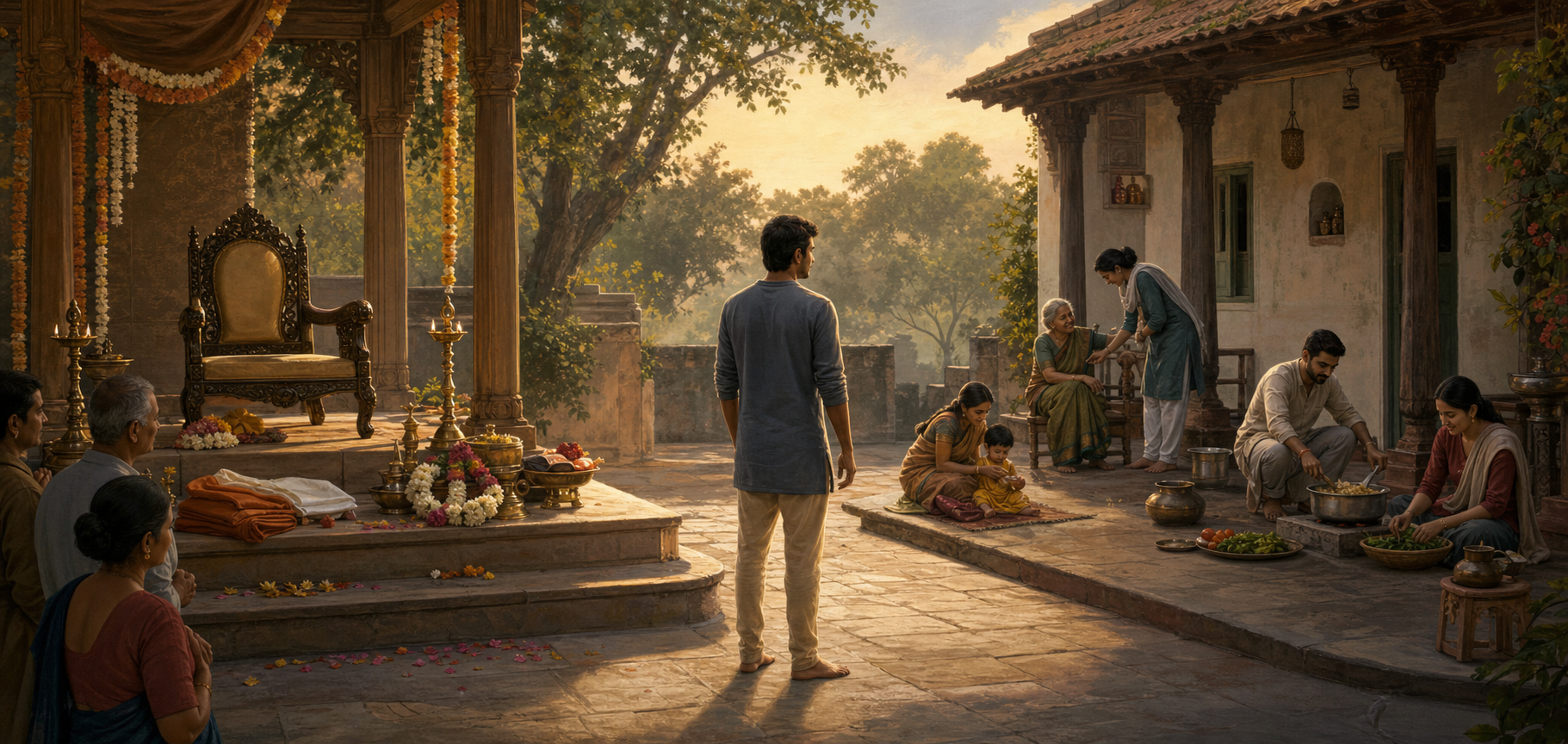 A person stands between an empty ceremonial platform and a courtyard where families work and care for one another.