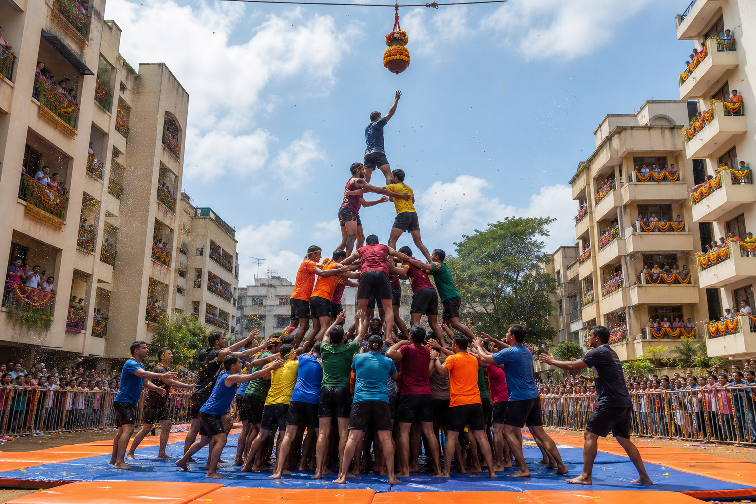 Adult participants form a supervised human pyramid beneath a decorated earthen pot during a daylight Dahi Handi celebration.