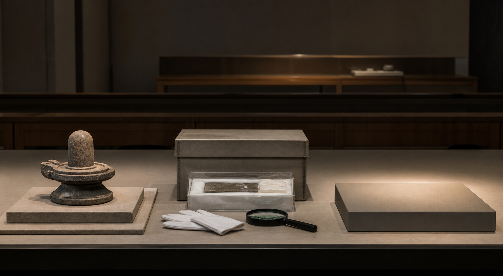 Museum study table divided into three areas with a Shiva symbol, archival research tools, and an empty display plinth representing unverified information.