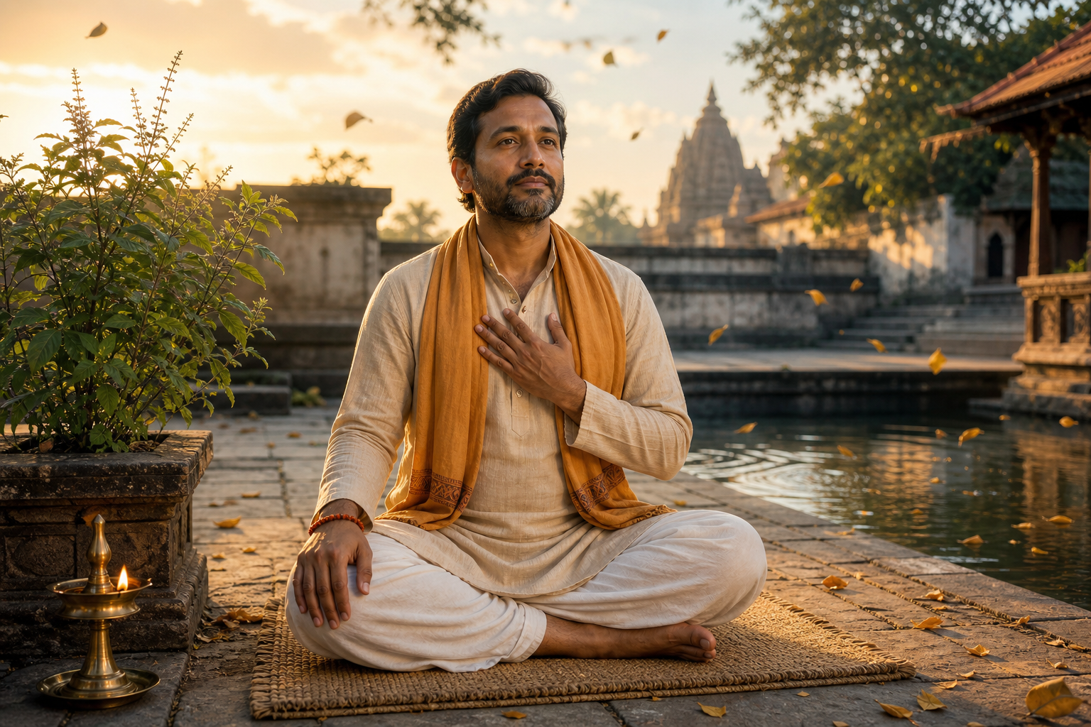 A calm adult sits on a woven mat beside a rippling courtyard pool at dawn, with a brass lamp, tulsi plant, and temple architecture nearby.