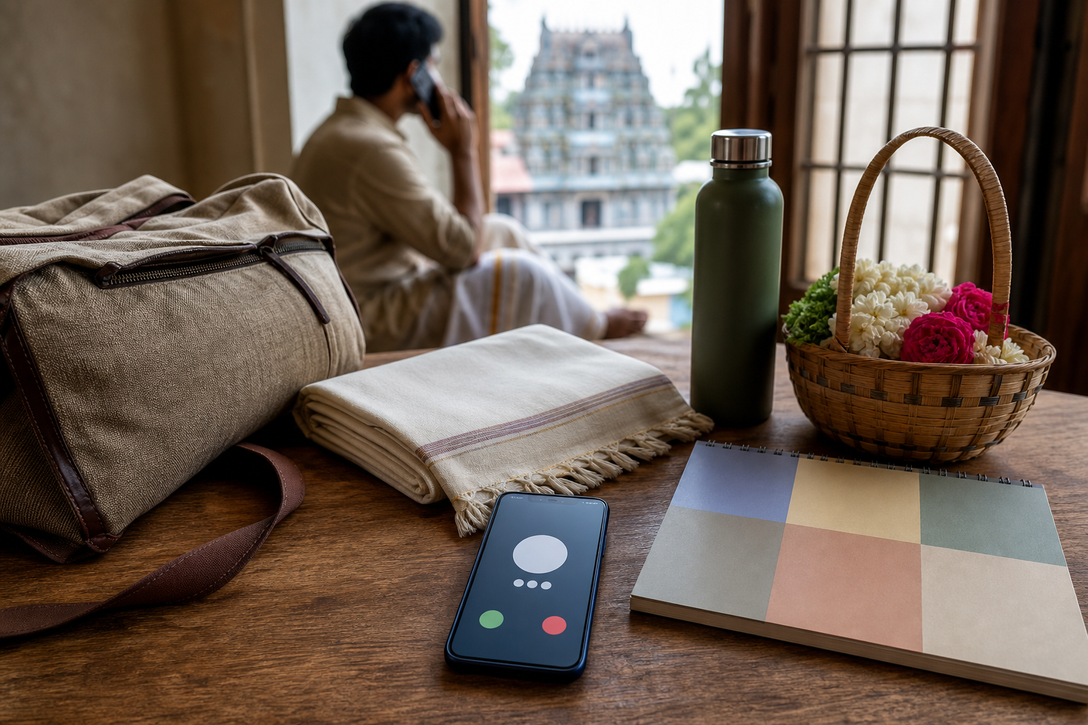 A mobile phone, travel bag, shawl, water bottle, flower basket, and unmarked calendar arranged for planning a temple visit while a traveler makes a call.