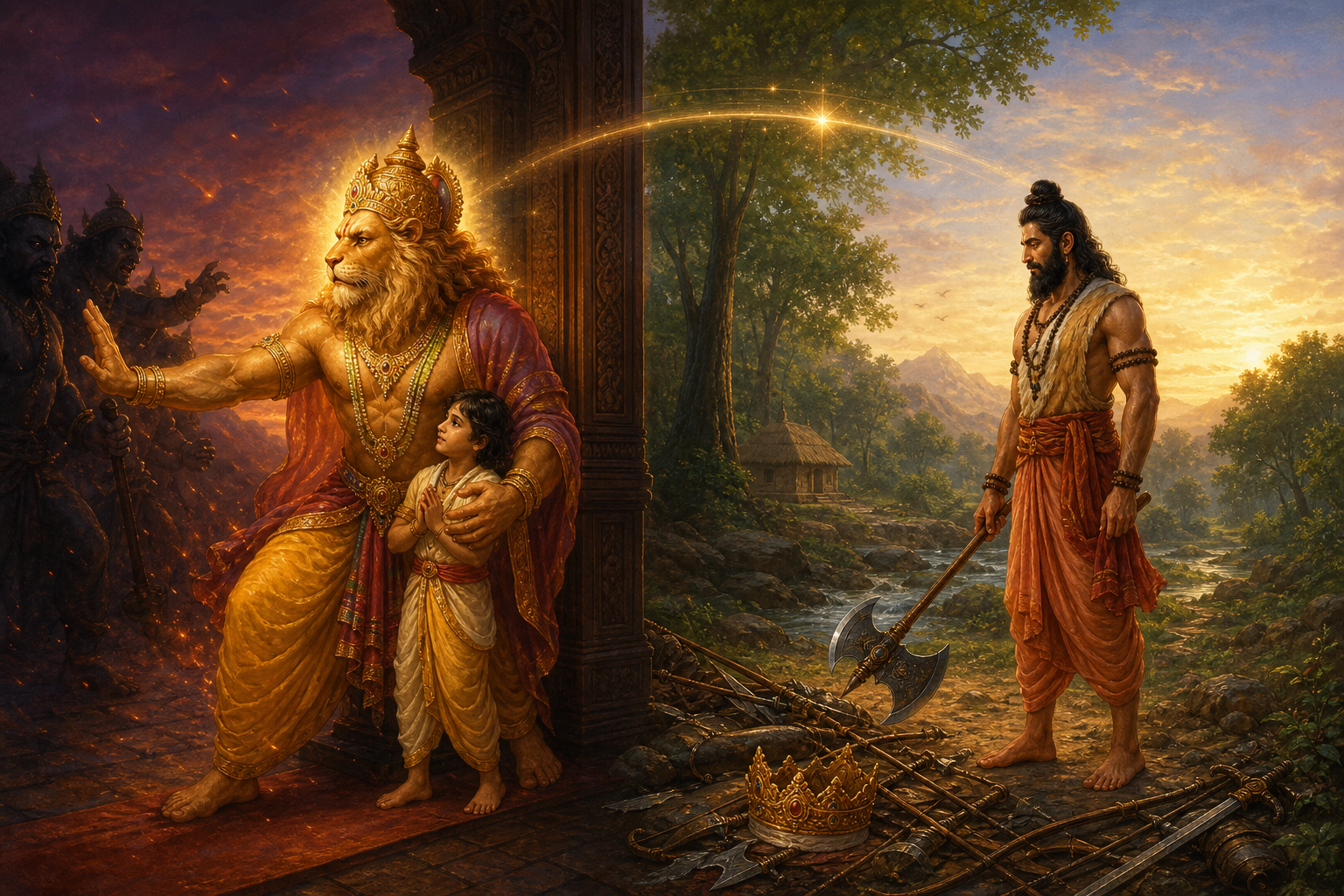 Narasimha protects a devotee at a palace threshold while Parasurama stands with a lowered axe near broken weapons and an abandoned crown in a forest setting.