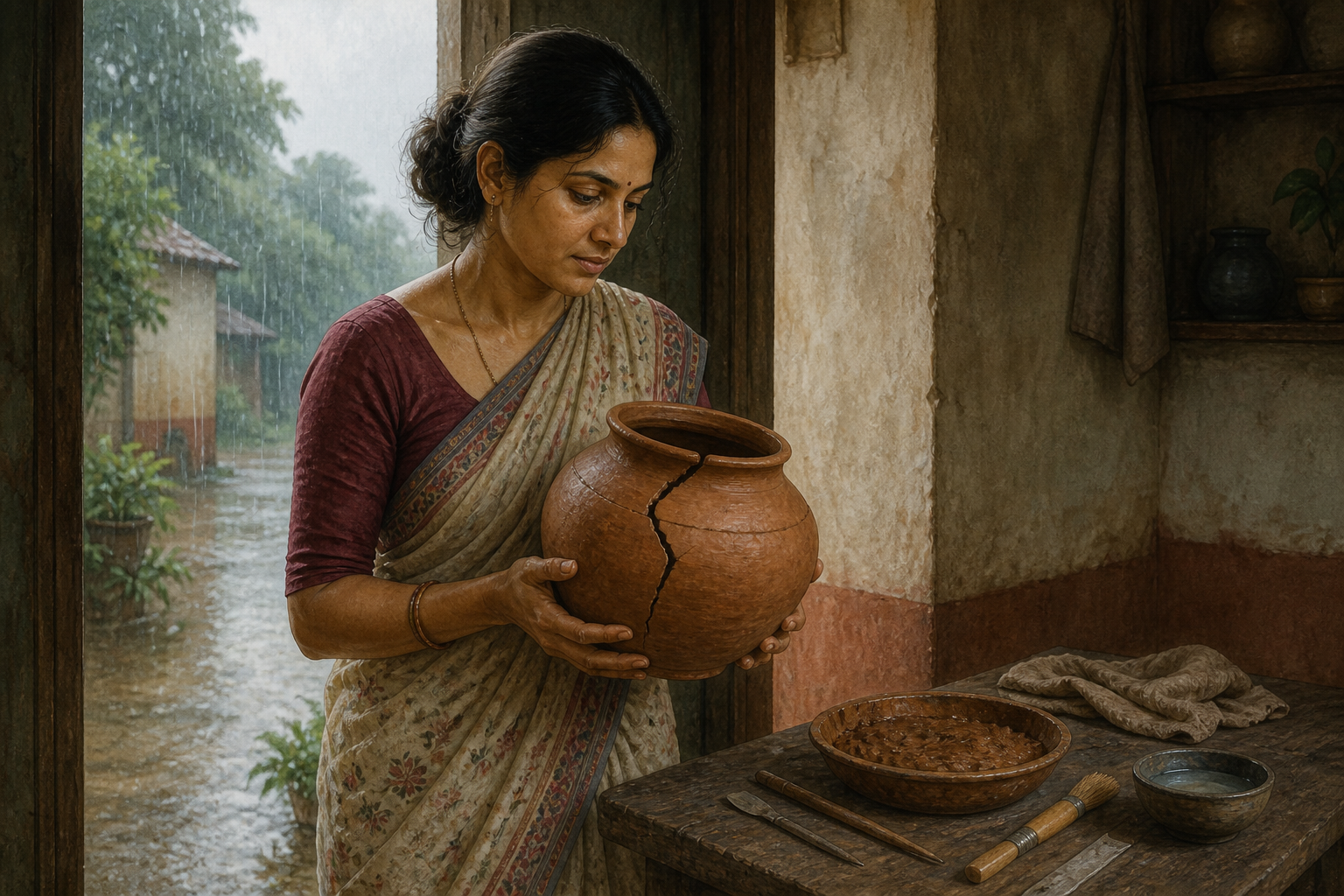 A woman examines a cracked clay pot beside repair tools at the doorway of a home during monsoon rain.