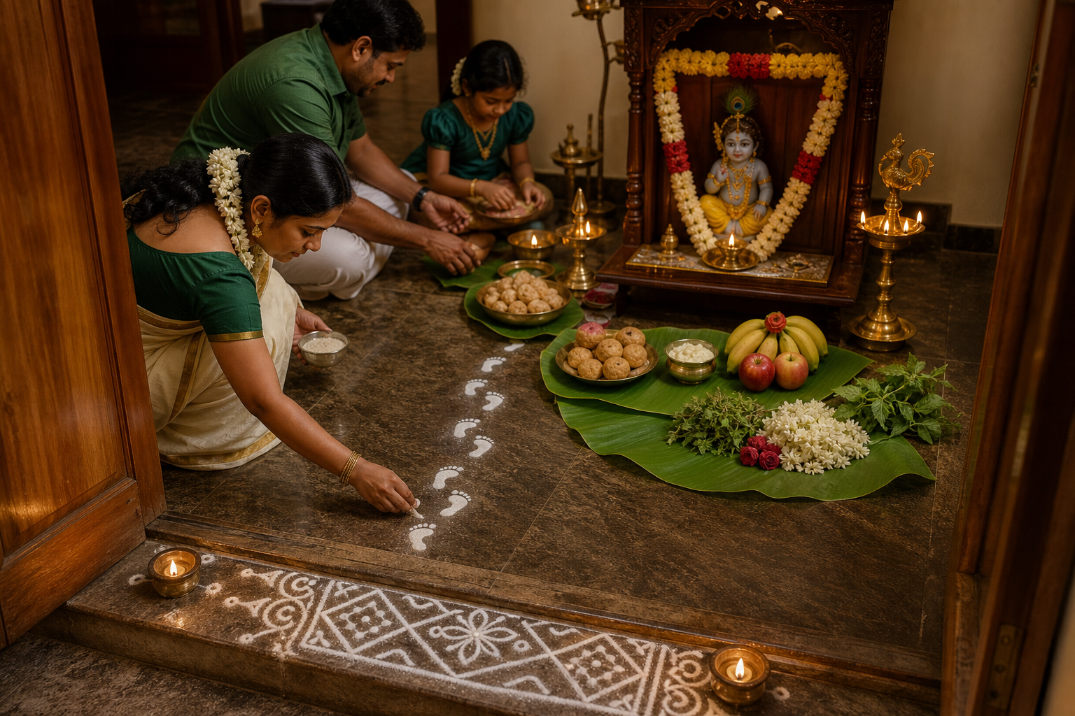 A family arranges rice-flour footprints, lamps, flowers and food offerings leading to a small Krishna shrine at home.
