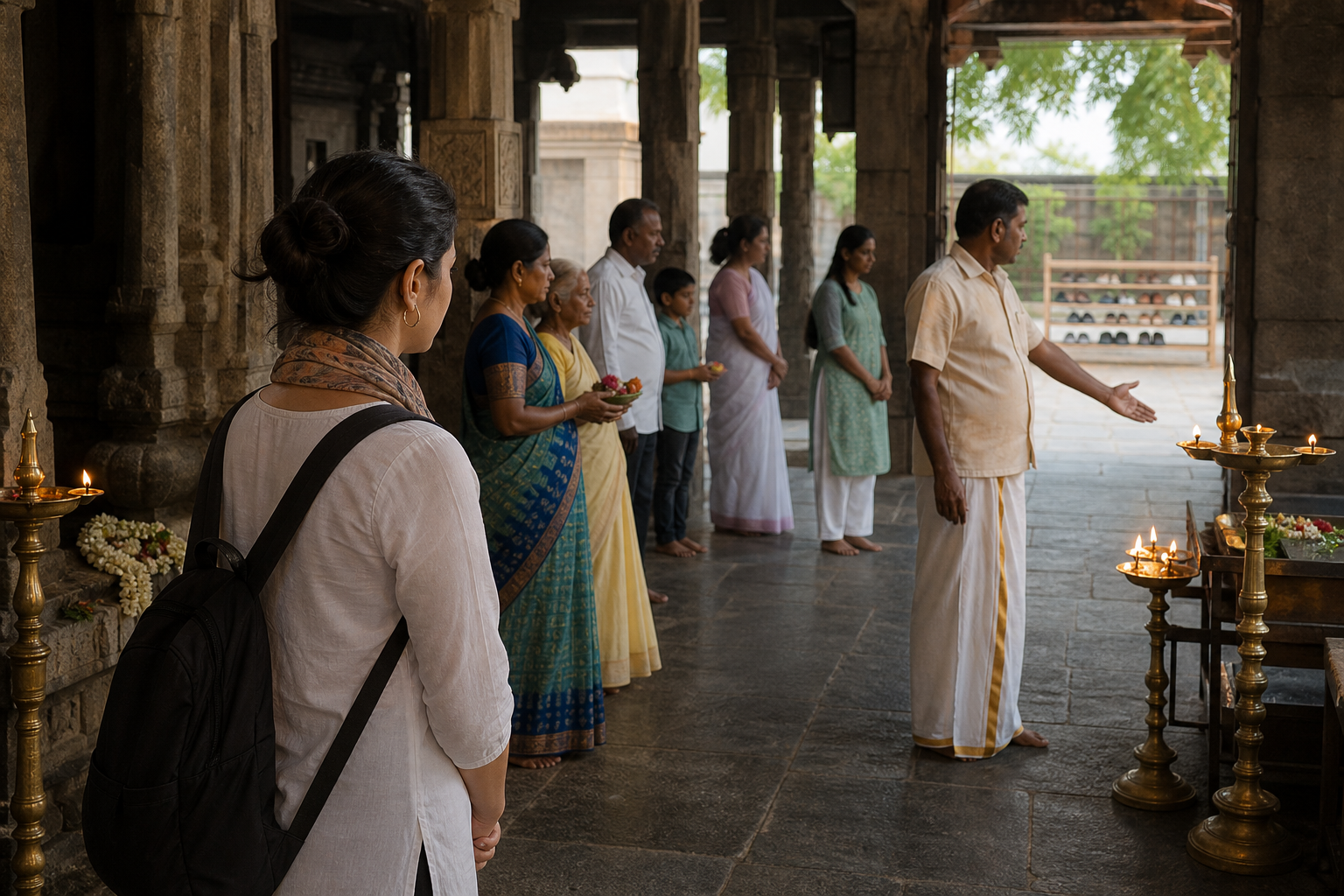 A barefoot visitor watches local devotees in a pillared temple hall as an attendant indicates where to stand with a flower offering.