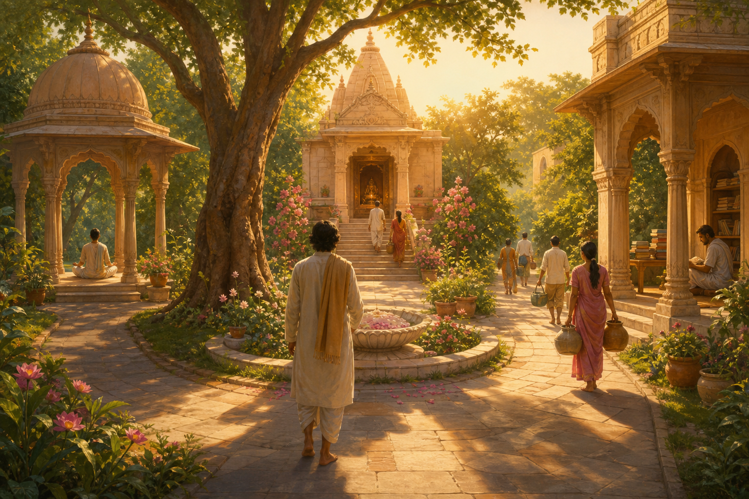 A seeker chooses one of several illuminated paths leading from a temple courtyard toward meditation, devotion, study, and service.