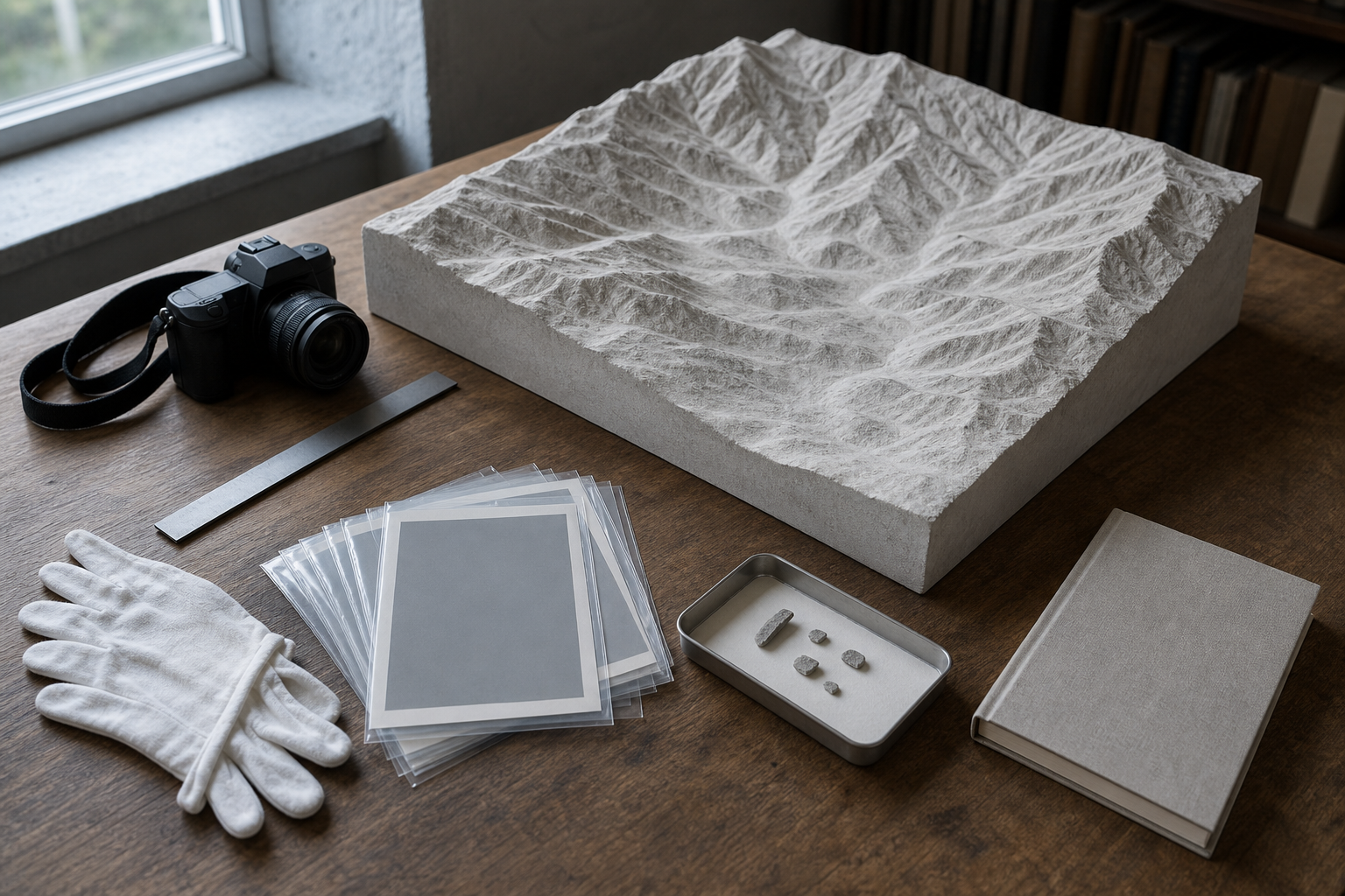 Heritage research desk with a blank terrain model, camera, gloves, archival sleeves, evidence tray, and closed notebook.