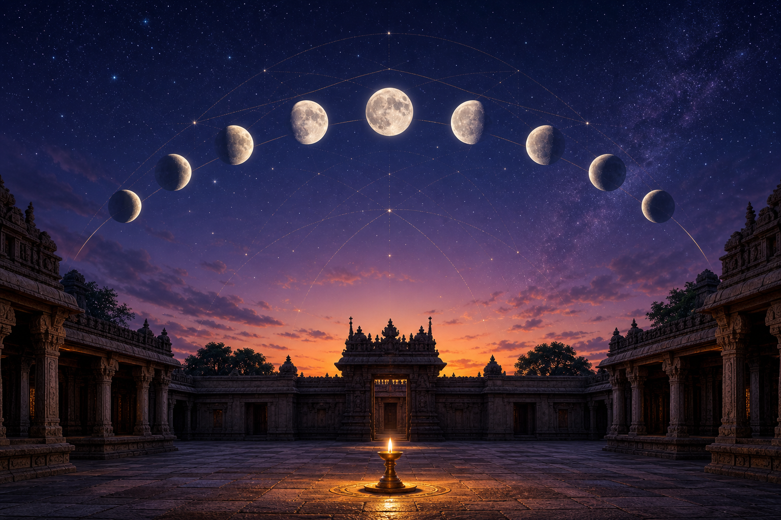 Moon phases arc above a temple courtyard at twilight while a single oil lamp glows at a doorway below.