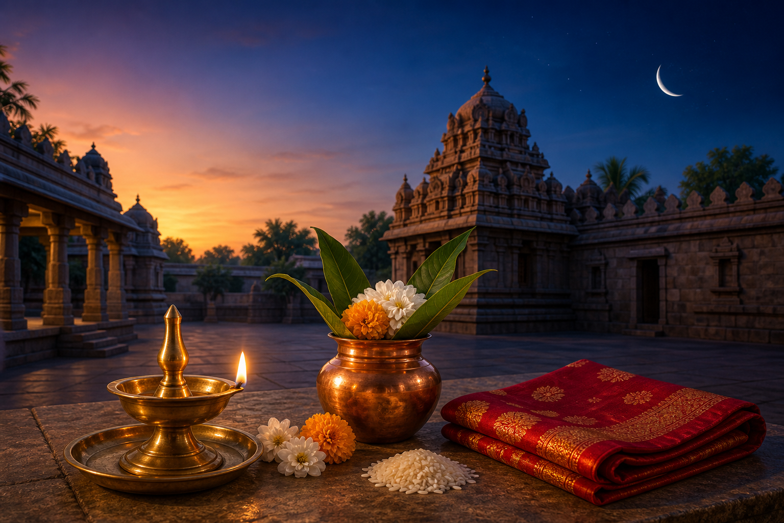 Brass prayer items and flowers in a temple courtyard at sunset beneath a waxing crescent moon.