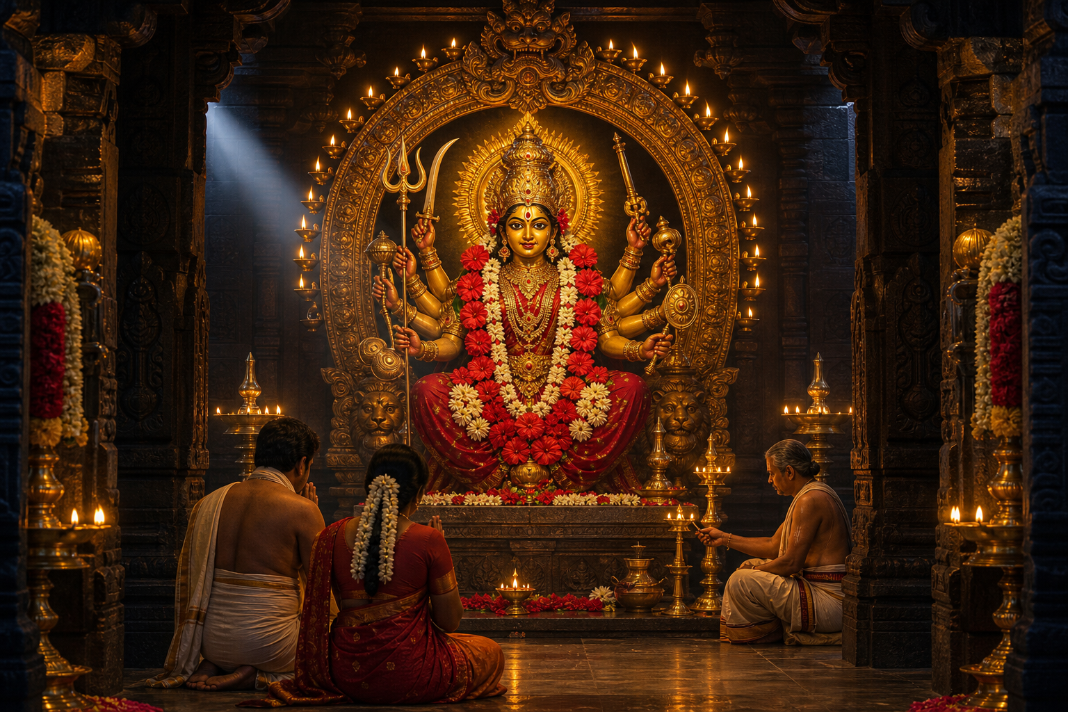 Peaceful devotees worship before a lamp-lit fierce goddess icon adorned with hibiscus and jasmine garlands and holding symbolic weapons.