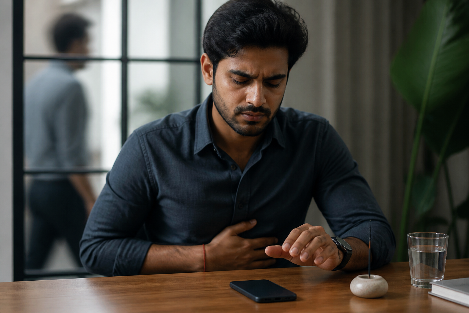 A person pauses to breathe at a desk with a phone placed face down beside a cup of water.