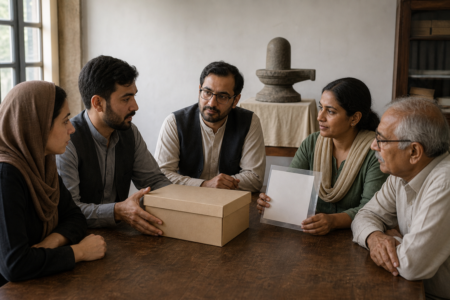 A small group discusses heritage materials around a table while a stone Shiva symbol rests on a separate raised stand in the background.