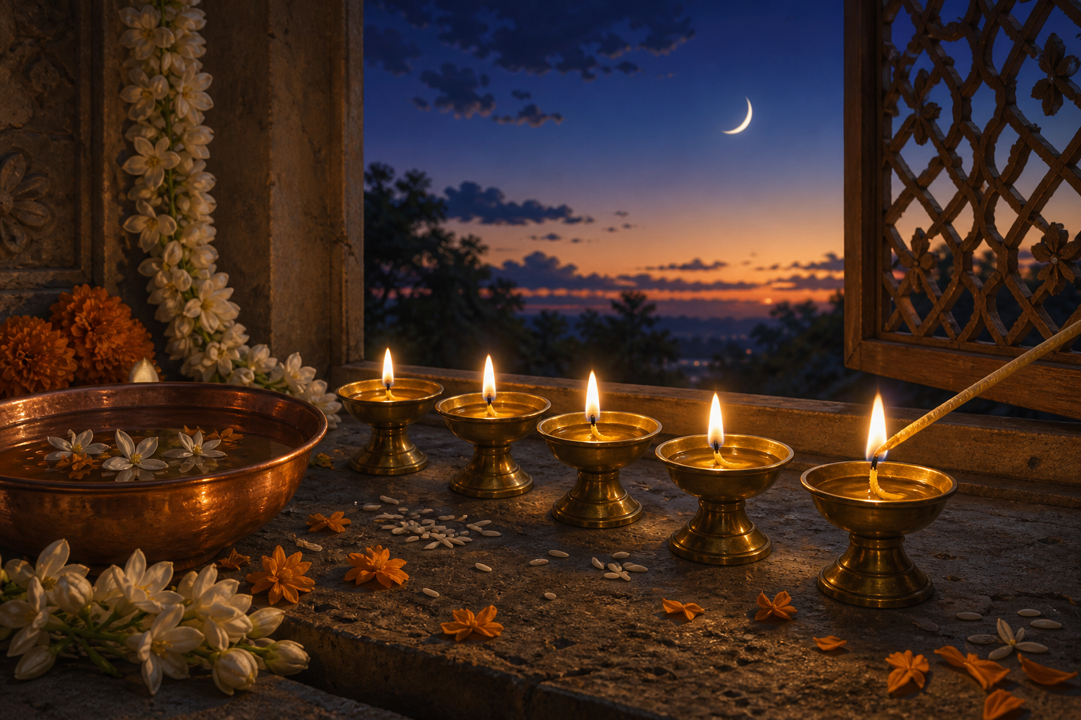 Four glowing brass lamps and a fifth being lit beside flowers and ritual items at twilight.