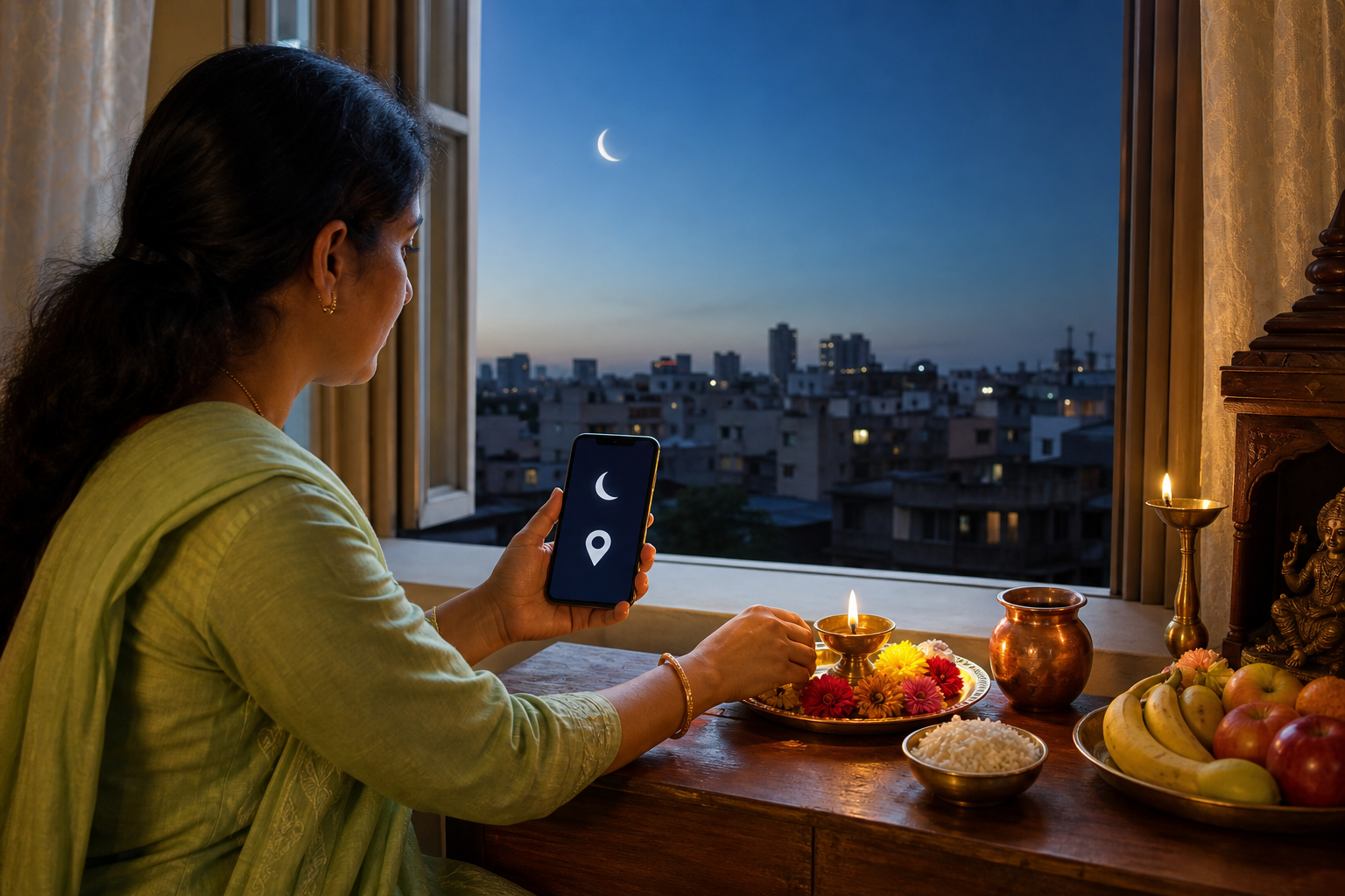 A person checks moon and location symbols on a phone while preparing prayer offerings beside an evening window.