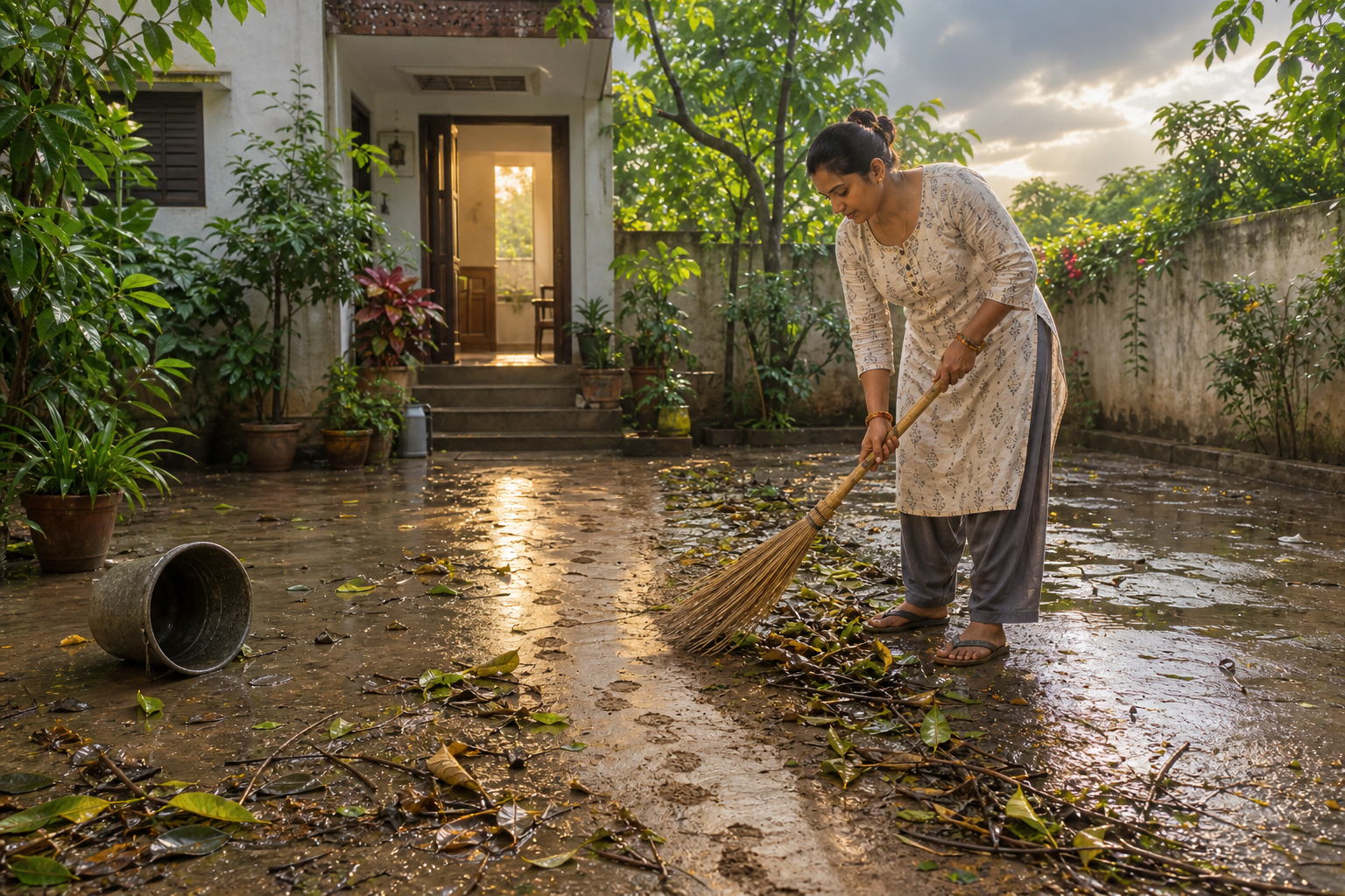 A householder calmly sweeps wet leaves and twigs from a courtyard as sunlight emerges after a storm.