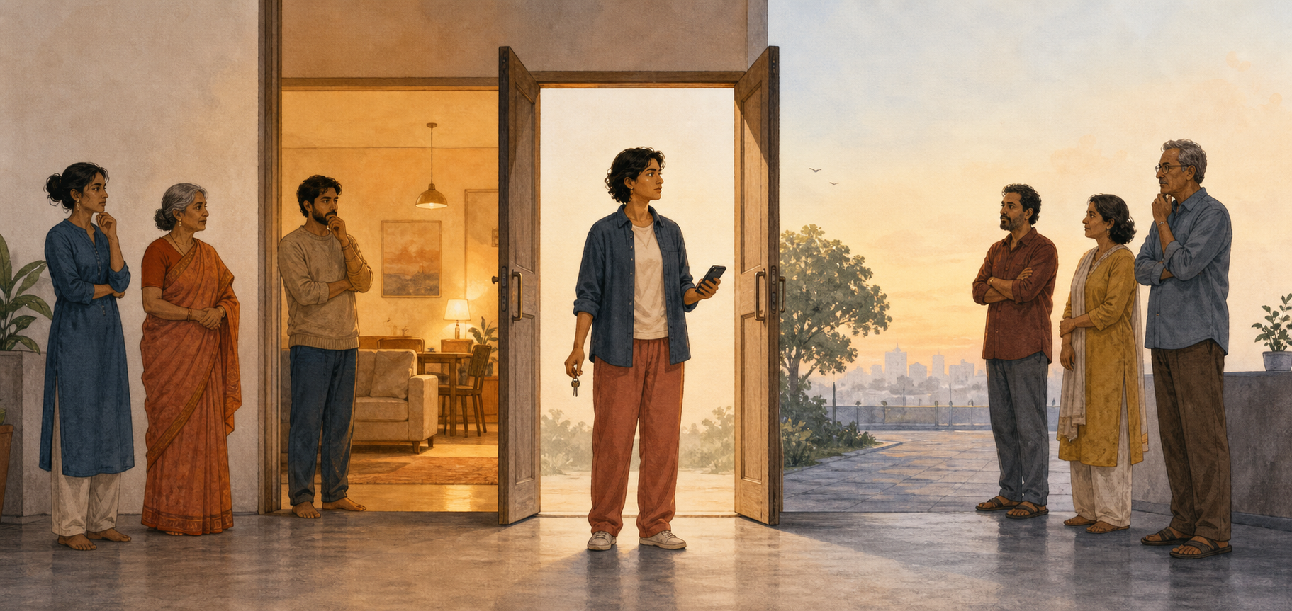 A young adult holding a key and phone stands in an open doorway, with concerned relatives at a distance and unobstructed paths leading both inside and outside.