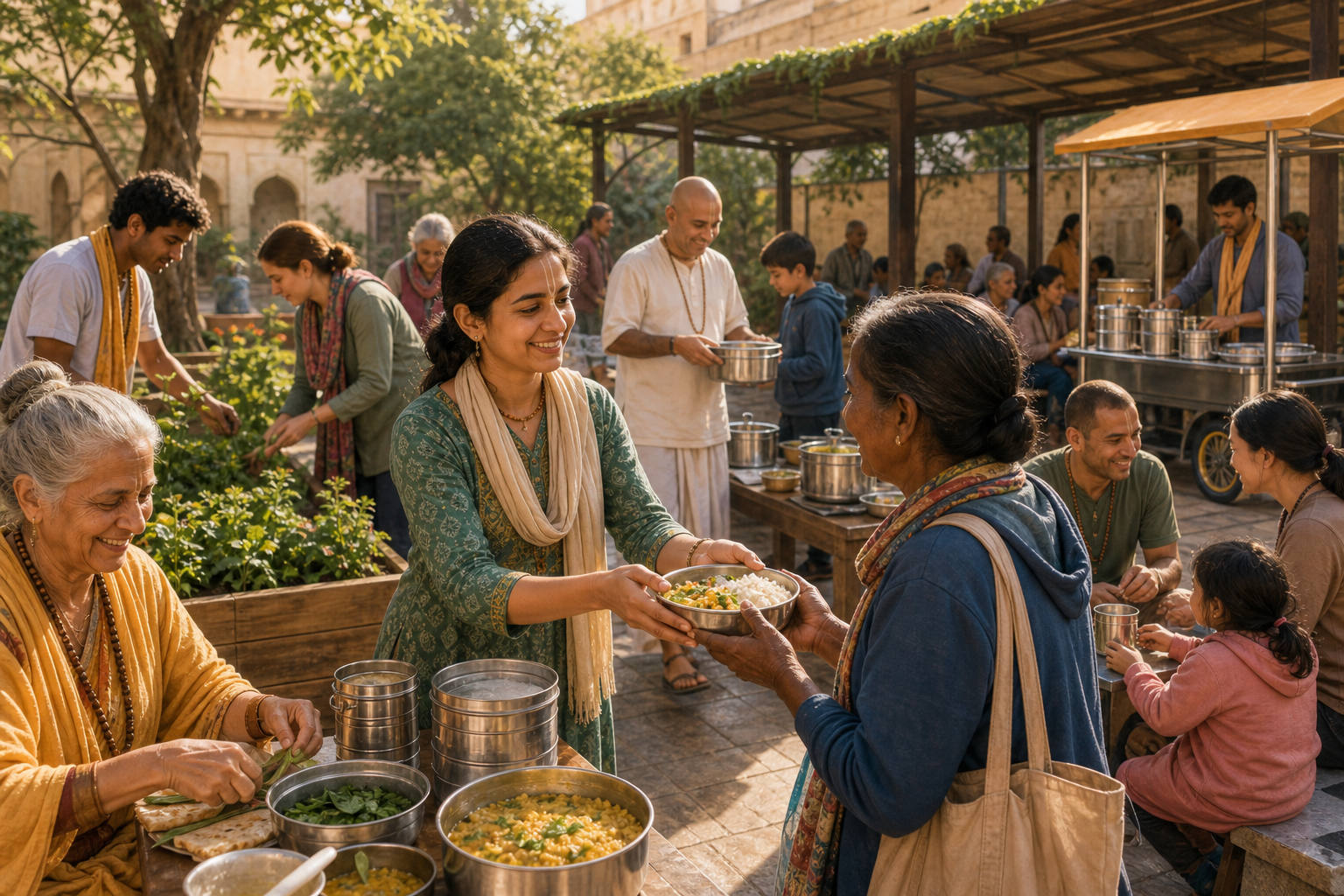 Volunteers in a Krishna bhakti community courtyard serve vegetarian meals, tend garden beds, and prepare a mobile outreach cart for local visitors.
