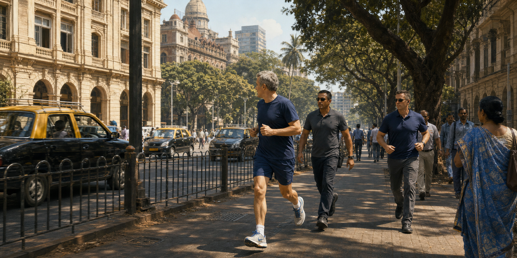 A fictional European statesman jogs with security personnel along a sunlit street in Mumbai's Churchgate district as pedestrians and taxis move through the city.