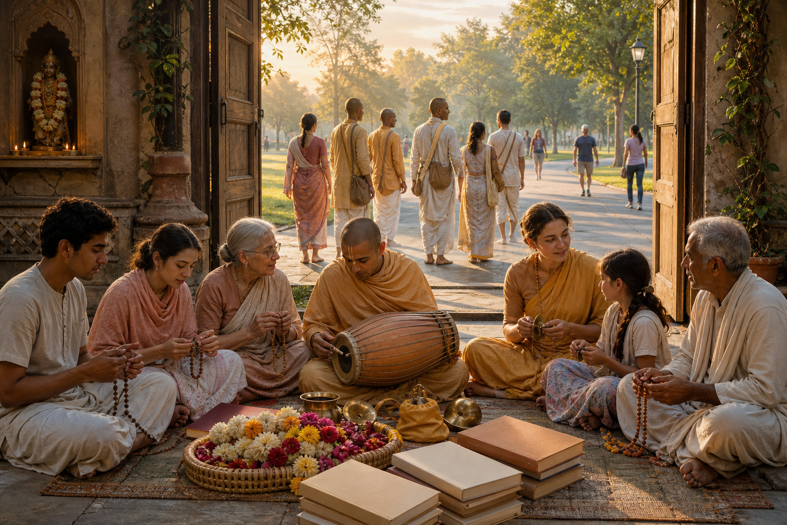 Devotees prepare prayer beads, hand cymbals, a clay drum, garlands, and books in a quiet courtyard before walking through an open gate toward a public park.