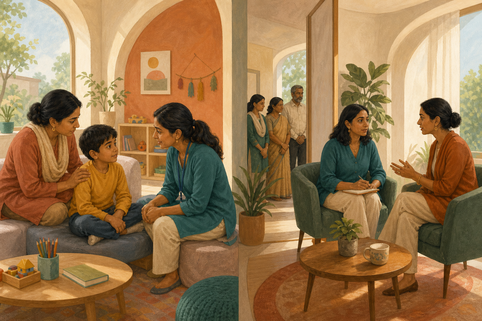 A split illustration shows a child meeting with a caregiver and protection professional on one side and an adult speaking privately with an advocate on the other.