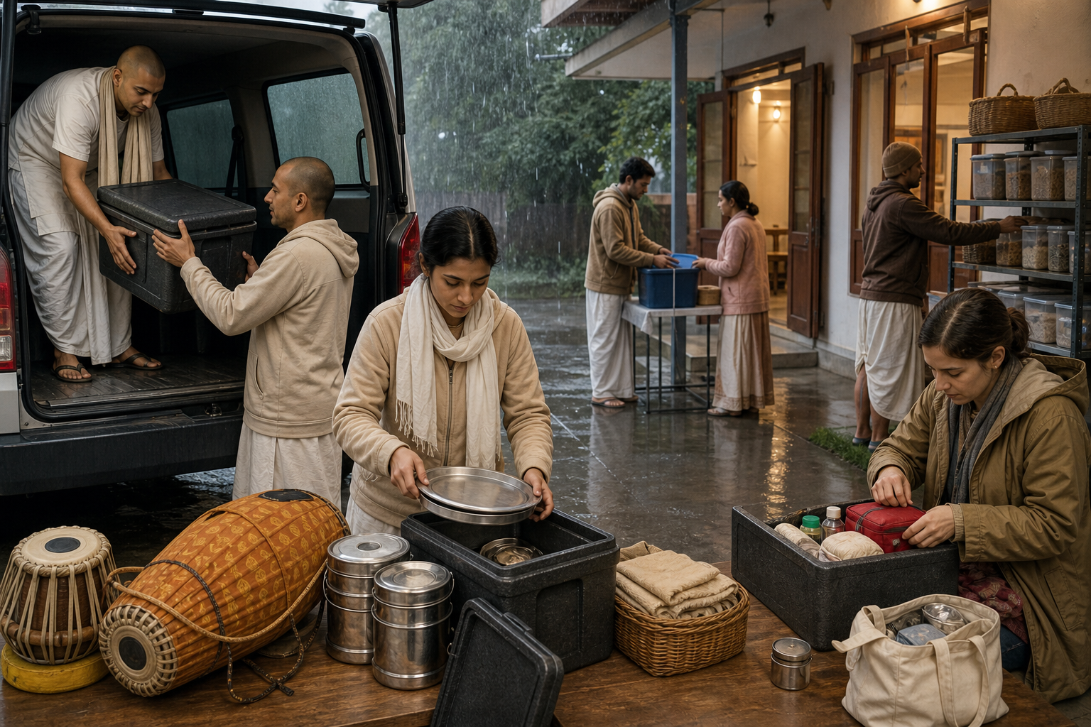 Volunteers pack vegetarian meals, reusable supplies, and musical instruments into a cargo van while rain falls outside a community hall.