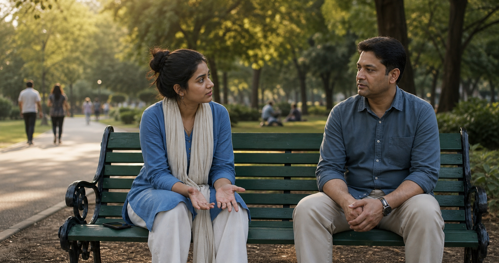 Two adults speak privately on a park bench, with one listening calmly and an open walking path beside them.