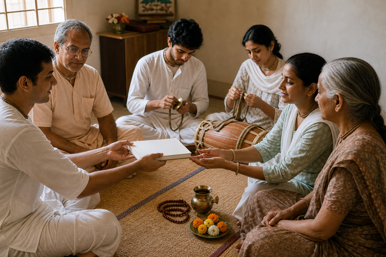 A small group of devotees practices listening, offering a blank-covered book, and preparing musical instruments in a community prayer room.