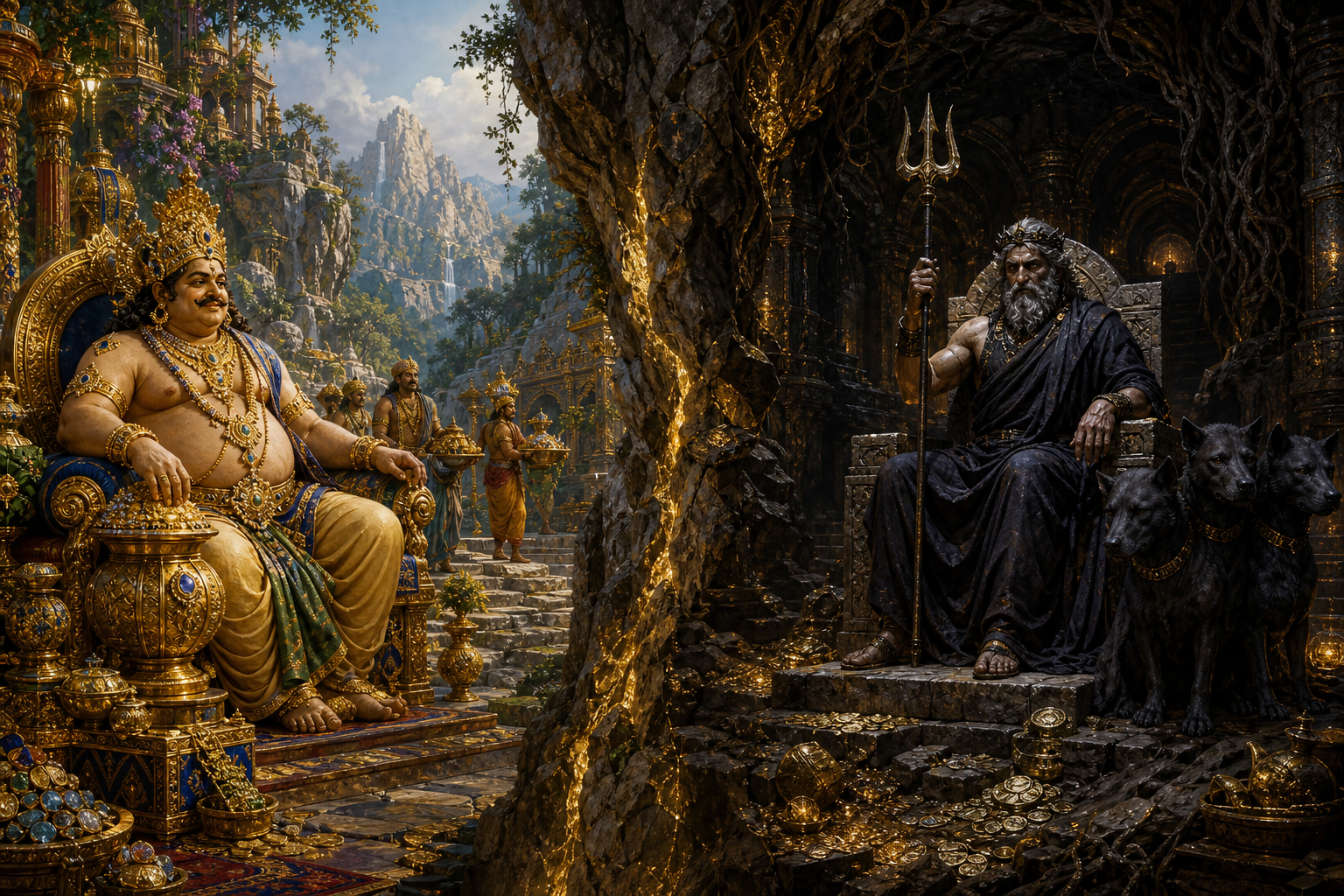 Kubera guards a luminous treasury above ground while Pluto sits with a three-headed hound in a mineral-rich underworld, the two realms divided by rock.