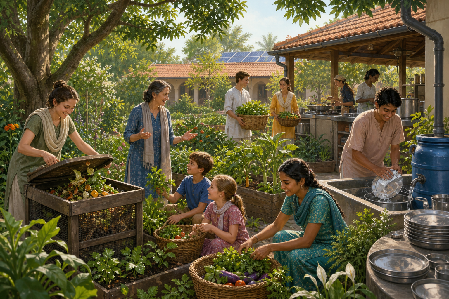 A volunteer teaches visitors about composting, gardening, water conservation, and reusable meal service beside an outdoor community kitchen.