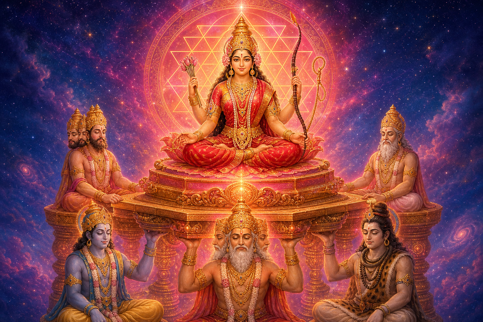 Lalita Tripura Sundari sits on a radiant cosmic throne supported by five serene divine figures, with a glowing geometric halo behind her.