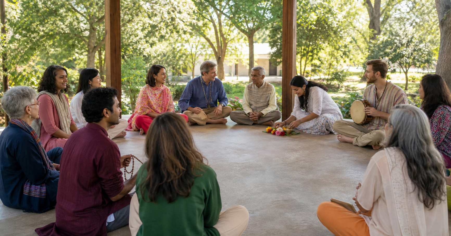 People from varied backgrounds gather in an open semicircle in a garden pavilion with prayer beads, flowers, a brass lamp, and a hand drum.