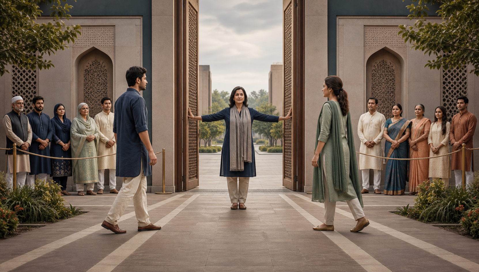 Two adults approach an open gateway from opposite sides while a neutral support professional holds the door and both families remain behind equal boundaries.