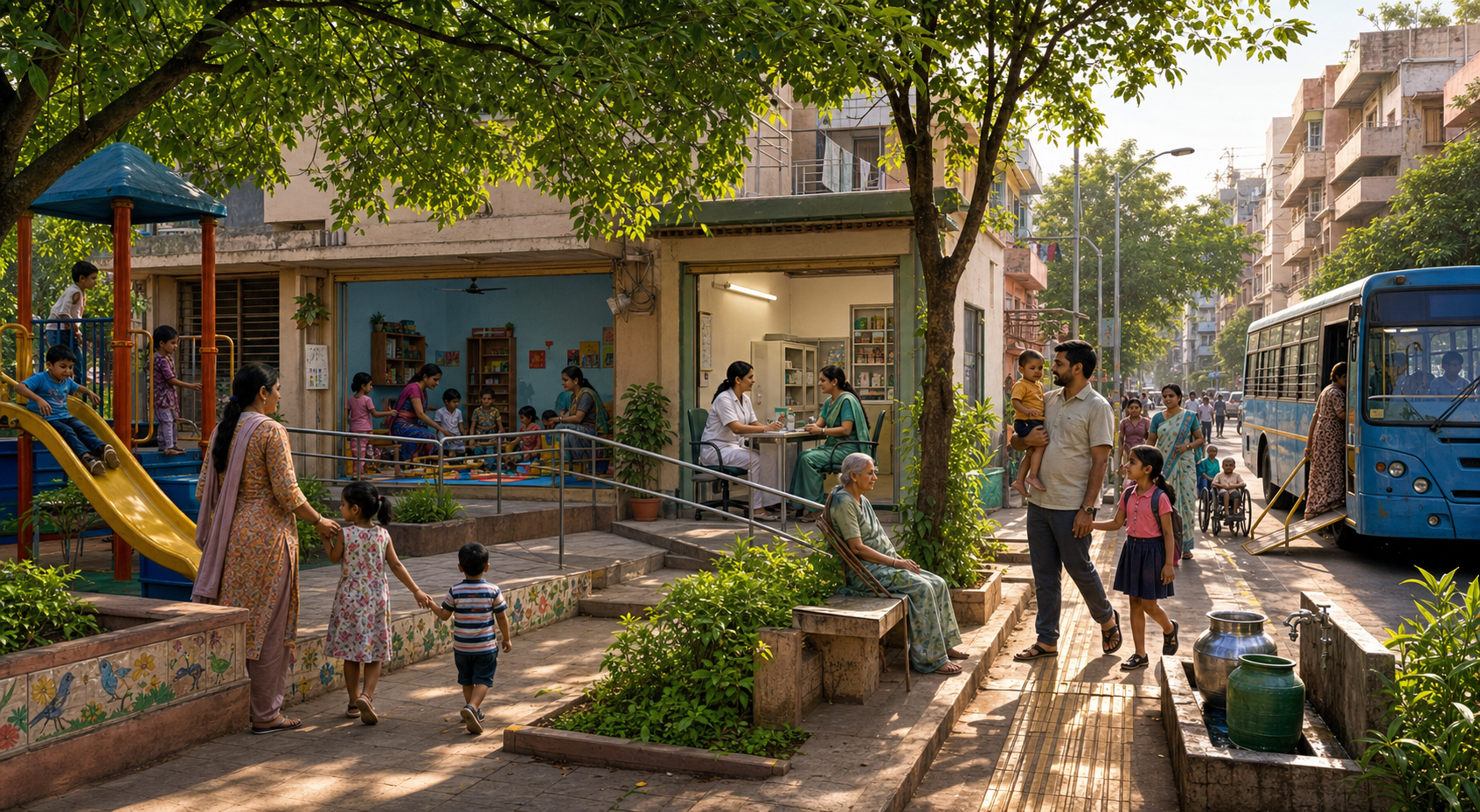 Families use childcare, a health clinic, a playground, safe paths, and public transport in a connected Indian neighborhood.
