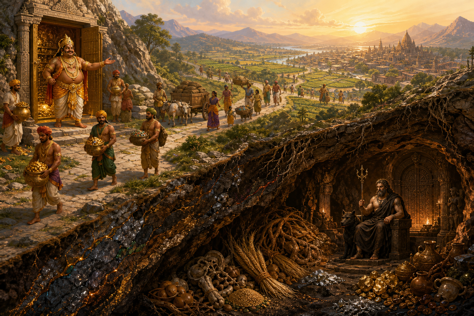 Attendants carry treasure from Kubera's mountain storehouse toward a city, while Pluto guards minerals and buried riches in a sealed cavern below.
