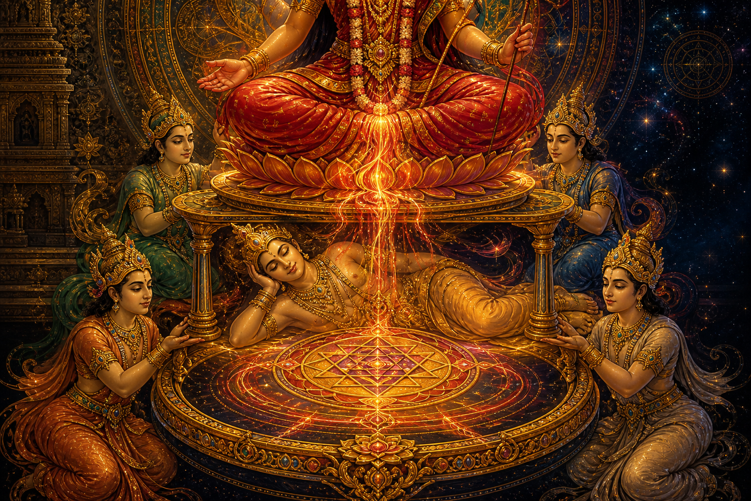 A close view of Lalita's throne shows four still divine figures supporting a luminous fifth figure as crimson-gold energy flows through the structure.