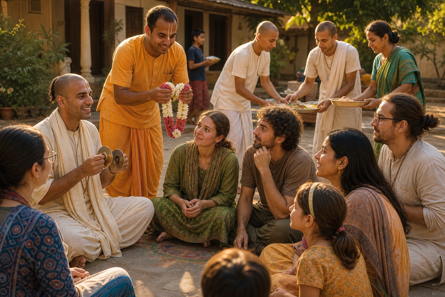 Vaishnava practitioners welcome a diverse group of visitors to a courtyard gathering with music, flower garlands, and vegetarian food.