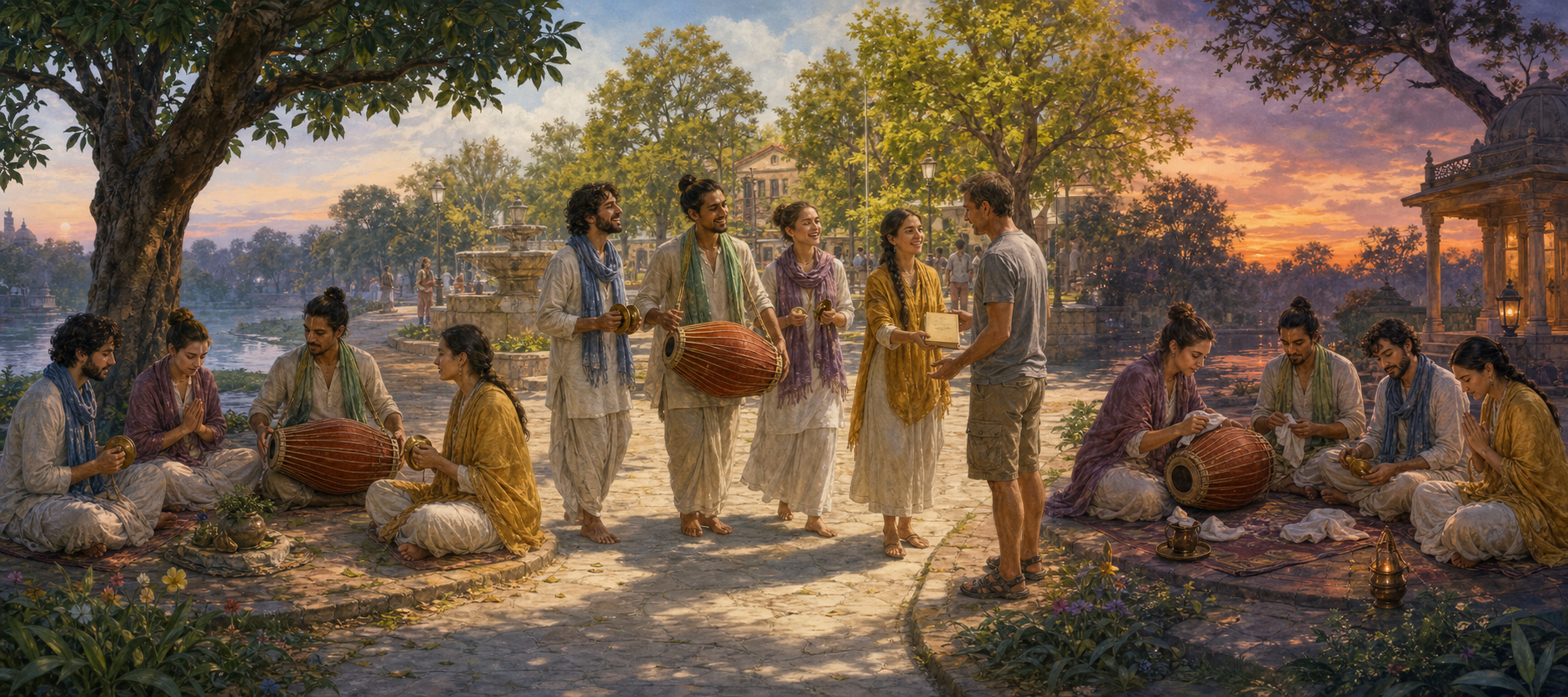 A panoramic scene follows devotees from dawn prayer to public music and conversation, then back to an evening reflection circle.