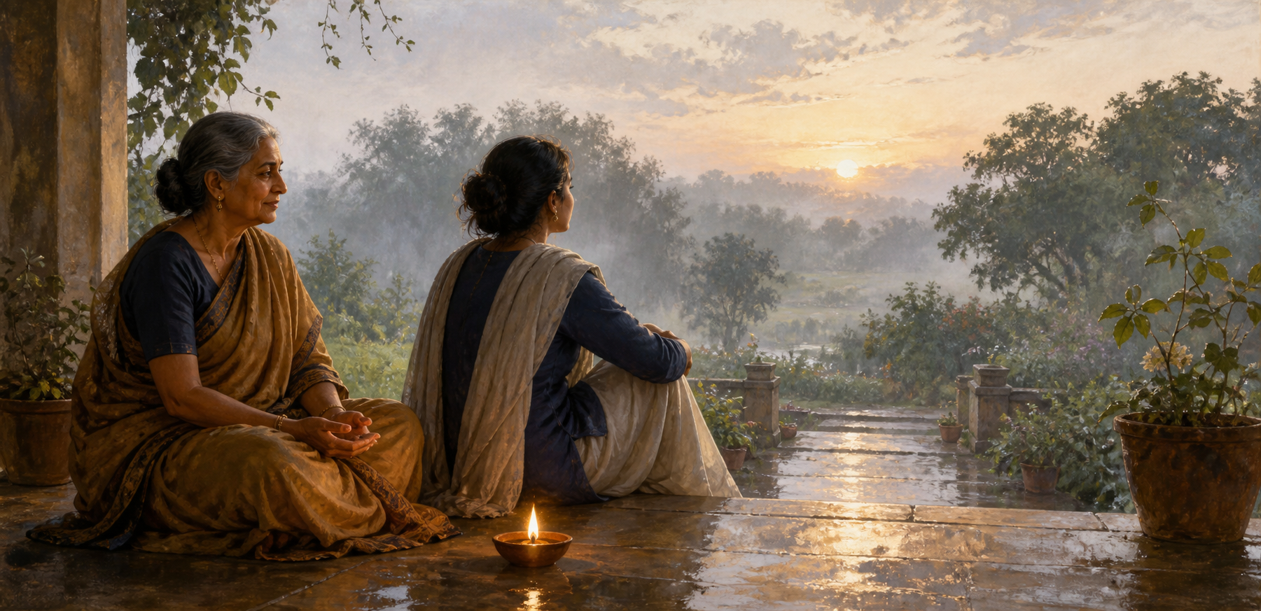 An older woman and a younger adult sit with open, relaxed postures on a veranda overlooking a misty garden, with a small clay lamp glowing between them.