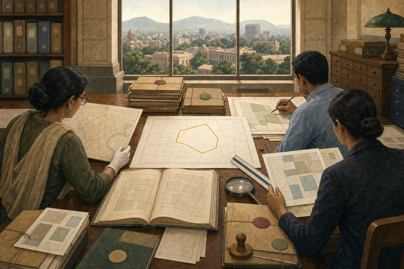 An archivist, surveyor and legal examiner compare old and new parcel records at a table overlooking a Pune-like cityscape and Deccan hills.