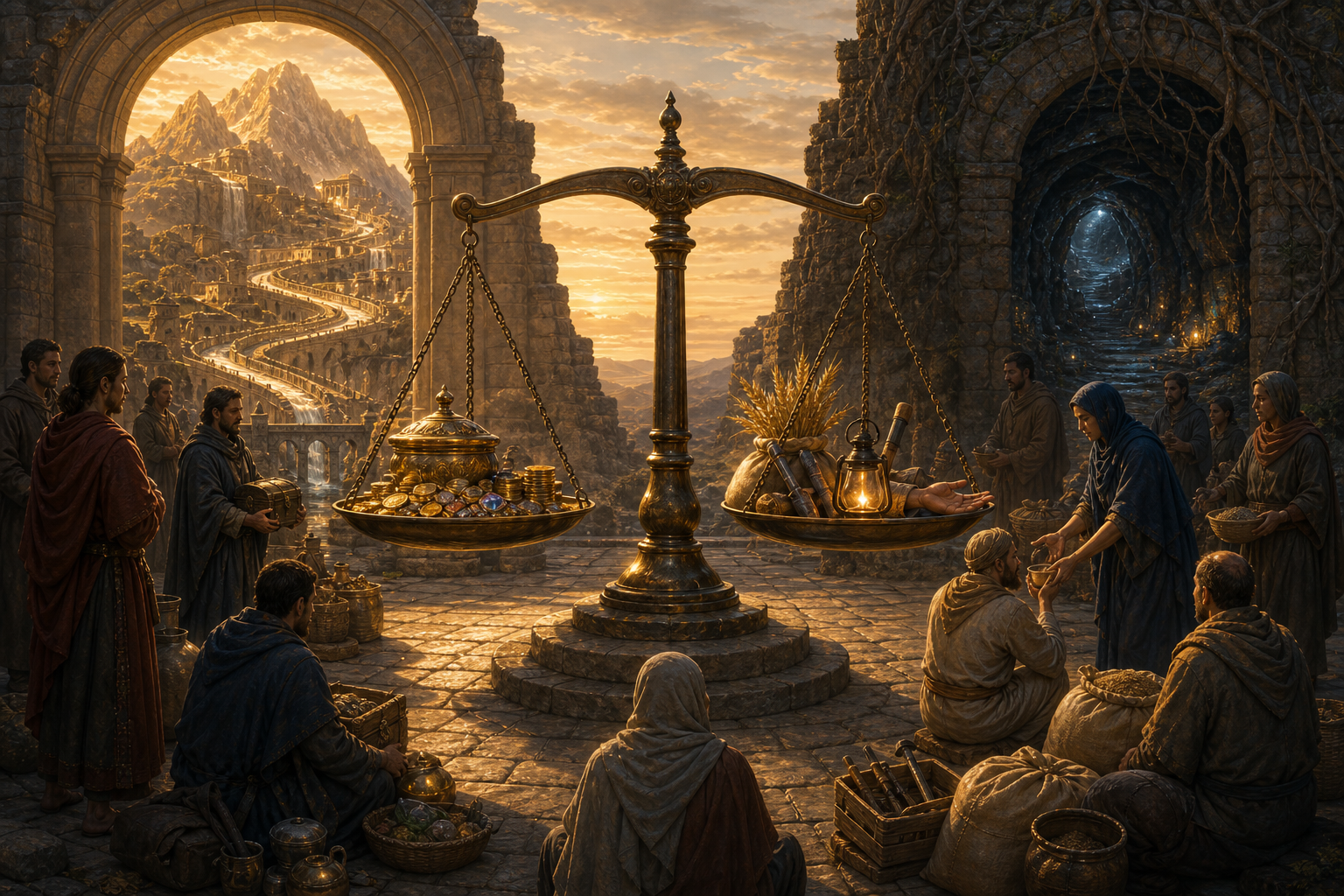 A bronze scale balances coins and jewels against grain, tools, a lamp, and a giving hand between a mountain treasury and an underground portal.