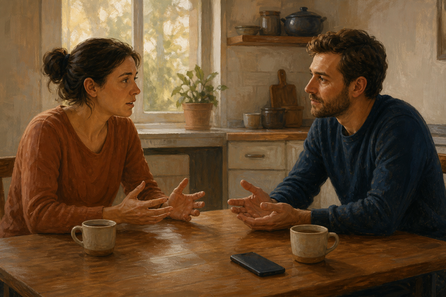 Two friends sit at a kitchen table, with one speaking while the other listens attentively with open hands and steady eye contact.