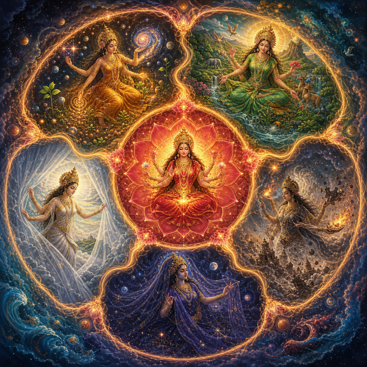 Five divine forms surround a radiant central presence, enacting creation, preservation, dissolution, concealment, and revelation in a connected circular mandala.
