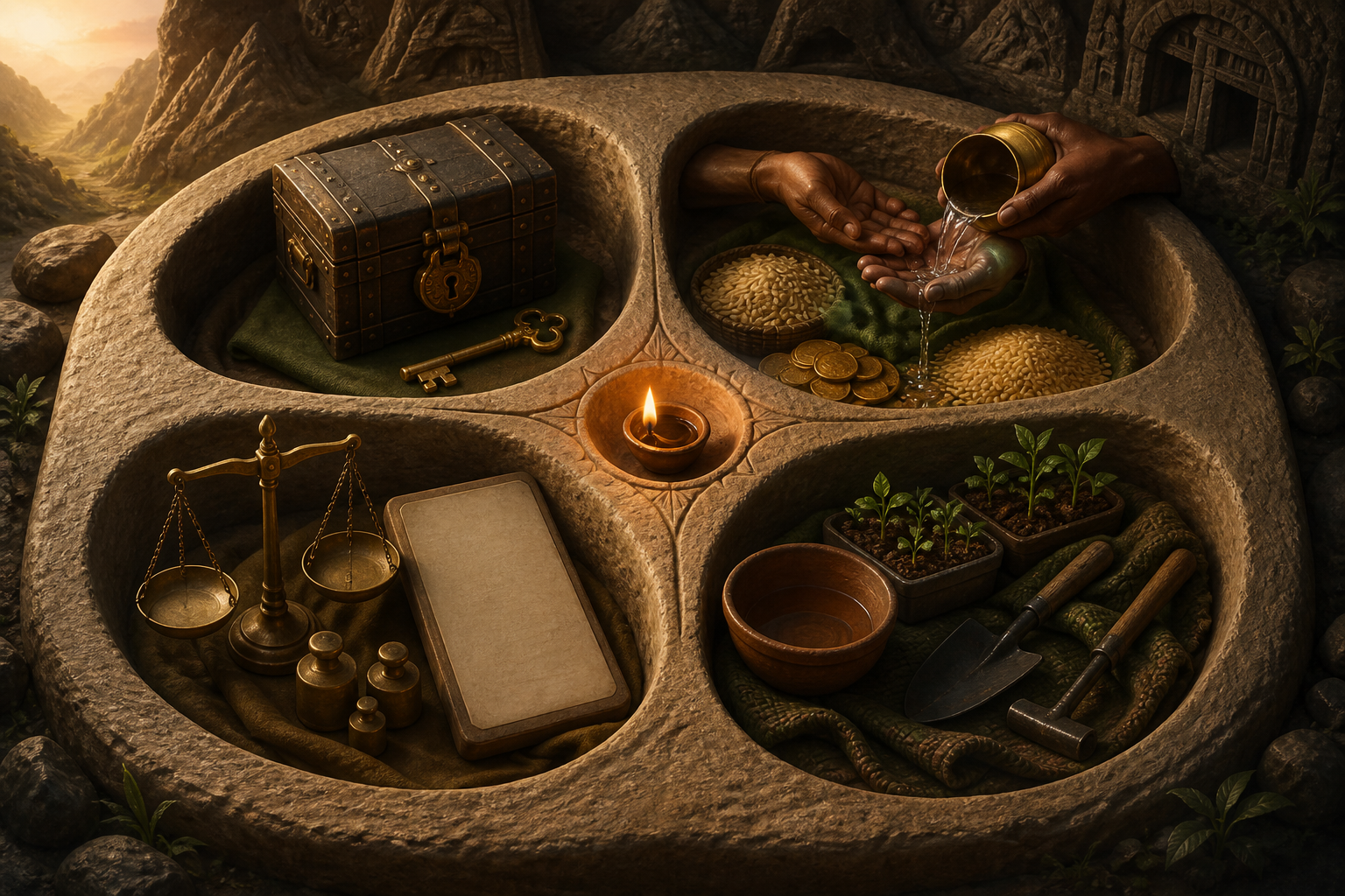 Four stone alcoves hold a locked chest, circulating resources, an unmarked scale, and seedlings with shared tools around a central lamp.