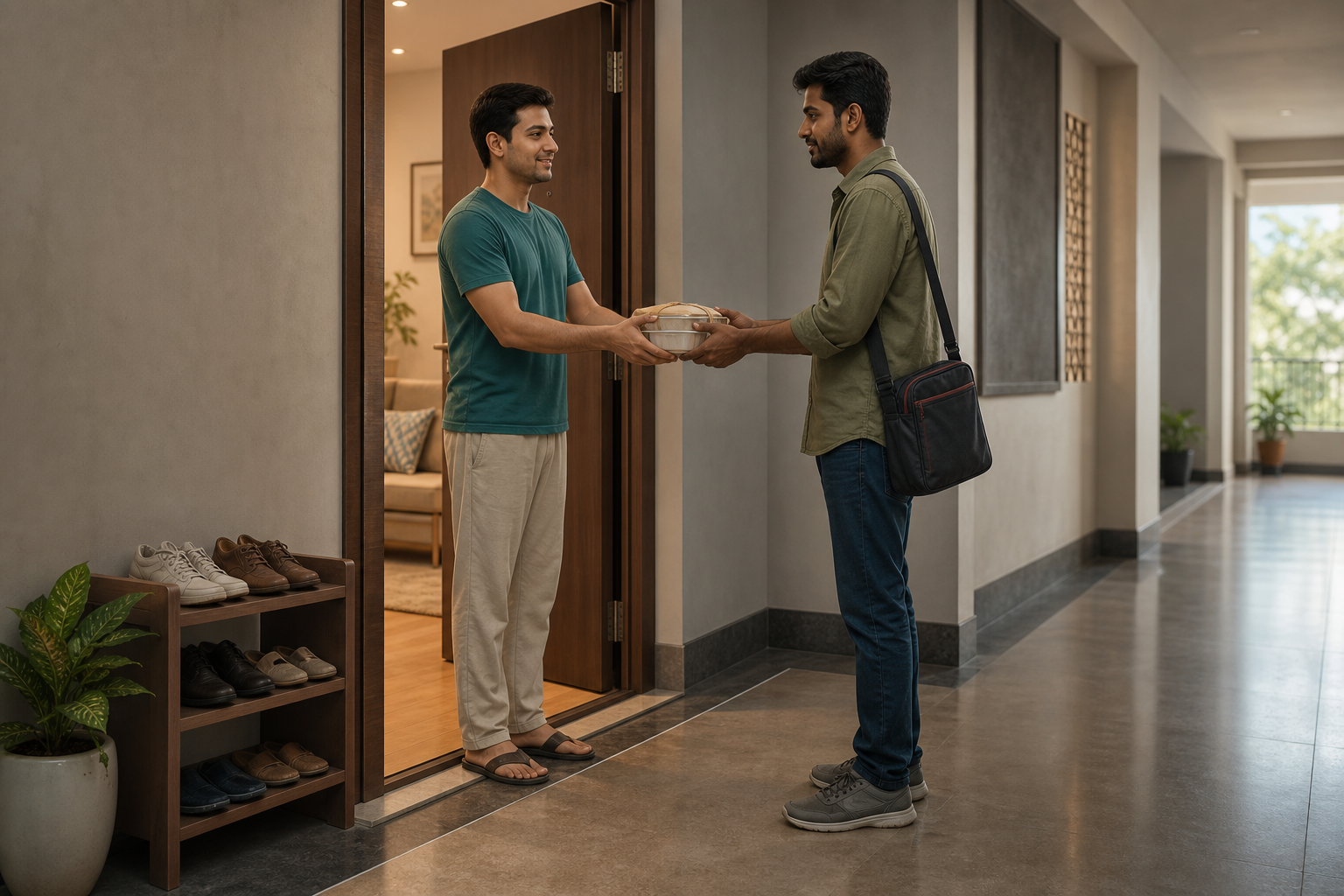 An apartment resident standing in the hallway offers a packed meal to a visitor, with both people on the same side of the doorway.